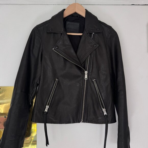 AllSaints Women’s Leather Moto Jacket – Black Size US 6 (Genuine Leather)